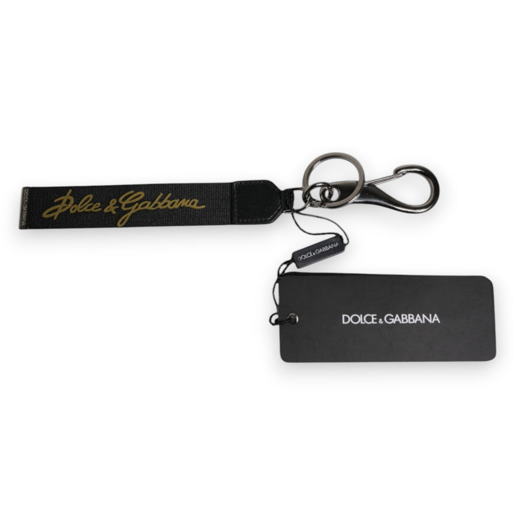 Dolce & Gabbana Portachiavi Uomo in Nylon Nero con Logo e Ottone Argentato