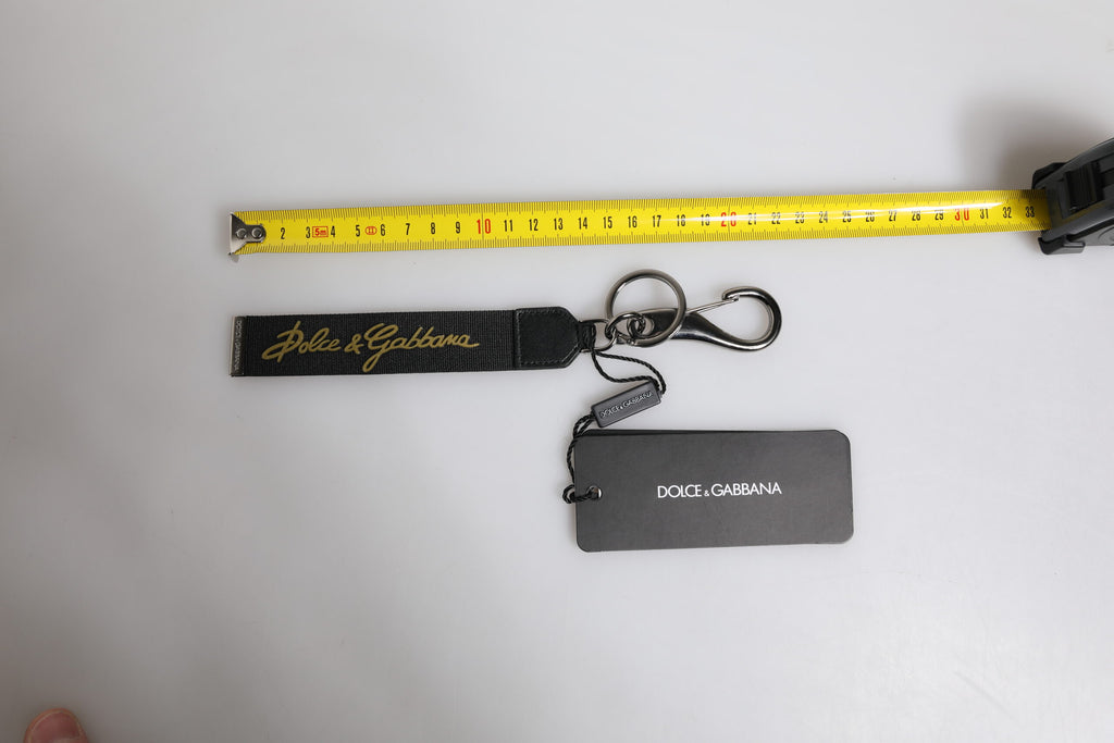 Dolce & Gabbana Portachiavi Uomo in Nylon Nero con Logo e Ottone Argentato