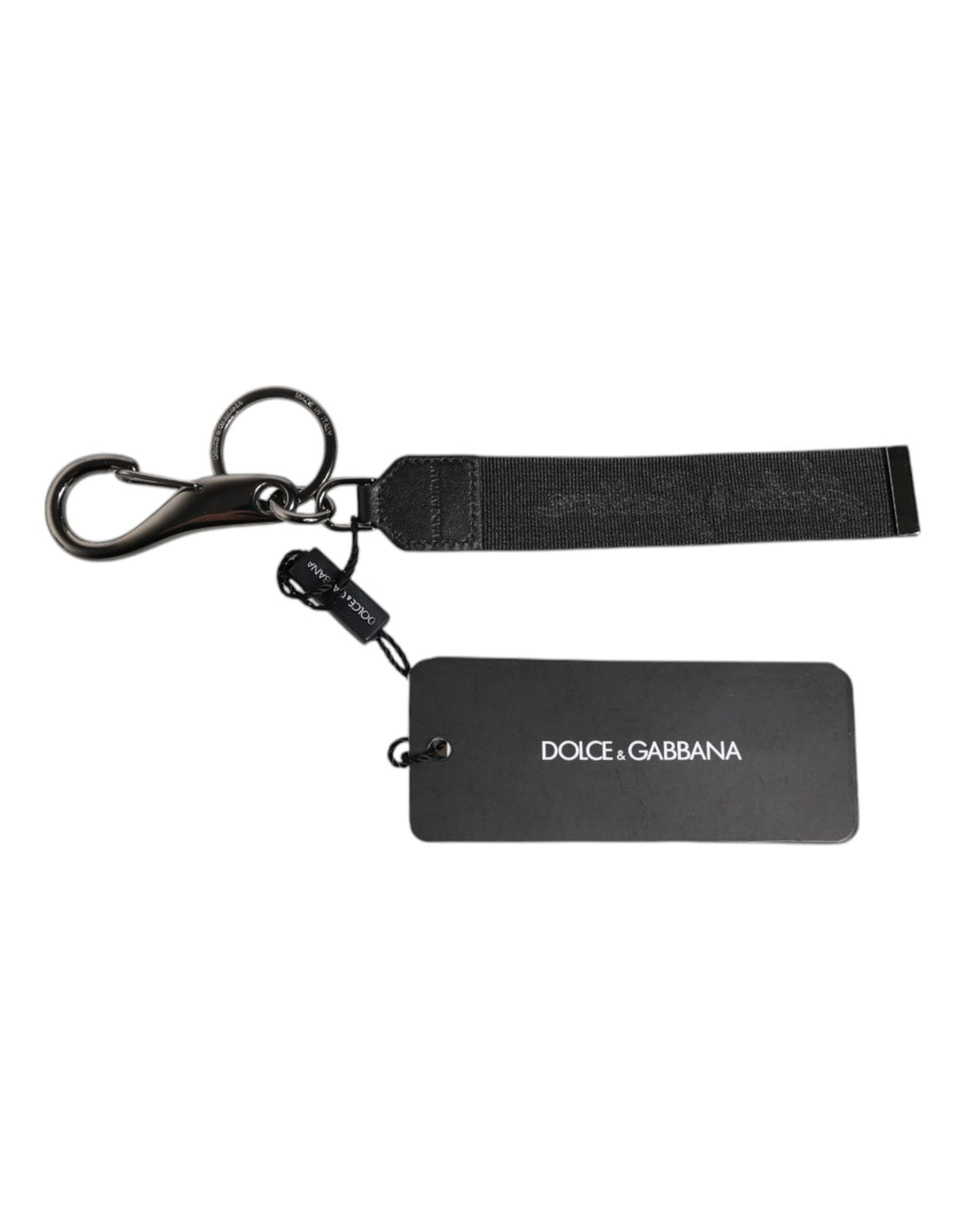 Dolce & Gabbana Portachiavi Uomo in Nylon Nero con Logo e Ottone Argentato