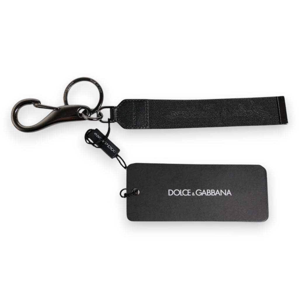 Dolce & Gabbana Portachiavi Uomo in Nylon Nero con Logo e Ottone Argentato