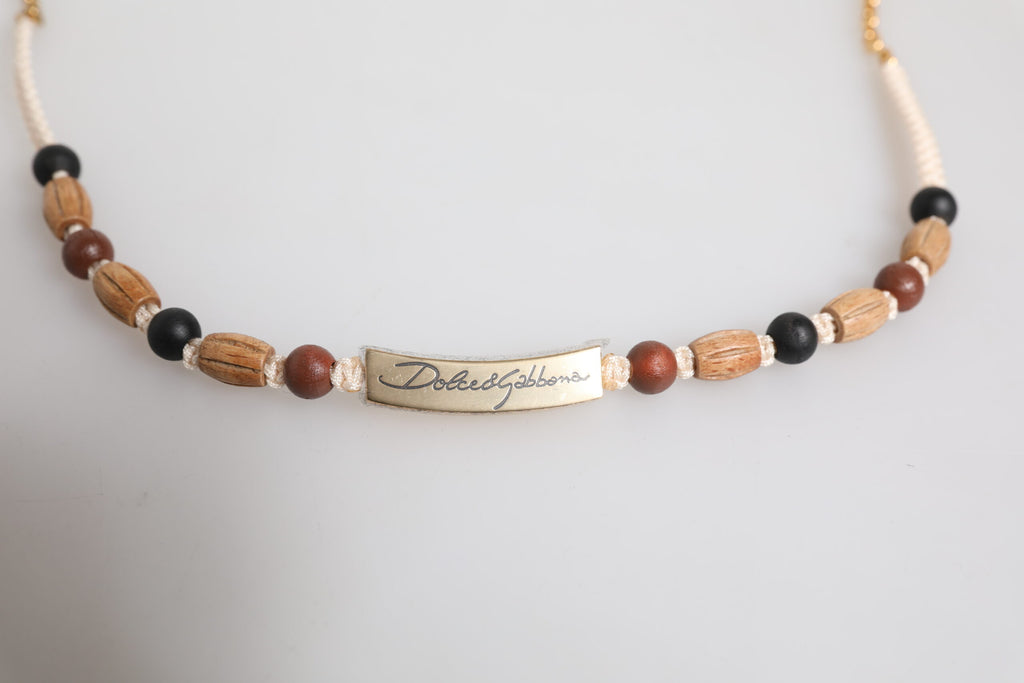 Dolce & Gabbana Collana con Pendente Logo in Perle di Legno Nere e Oro