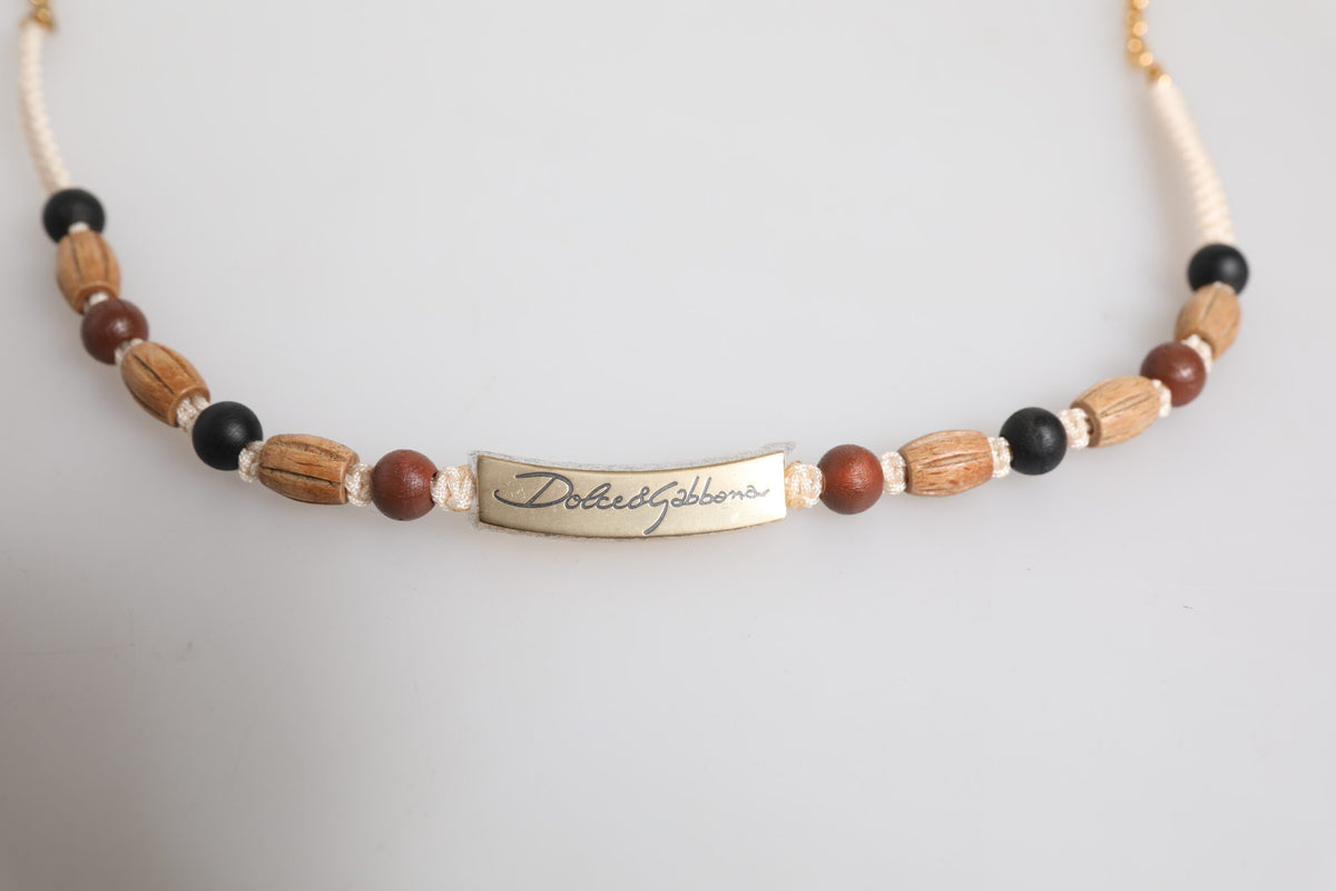 Dolce & Gabbana Collana con Pendente Logo in Perle di Legno Nere e Oro