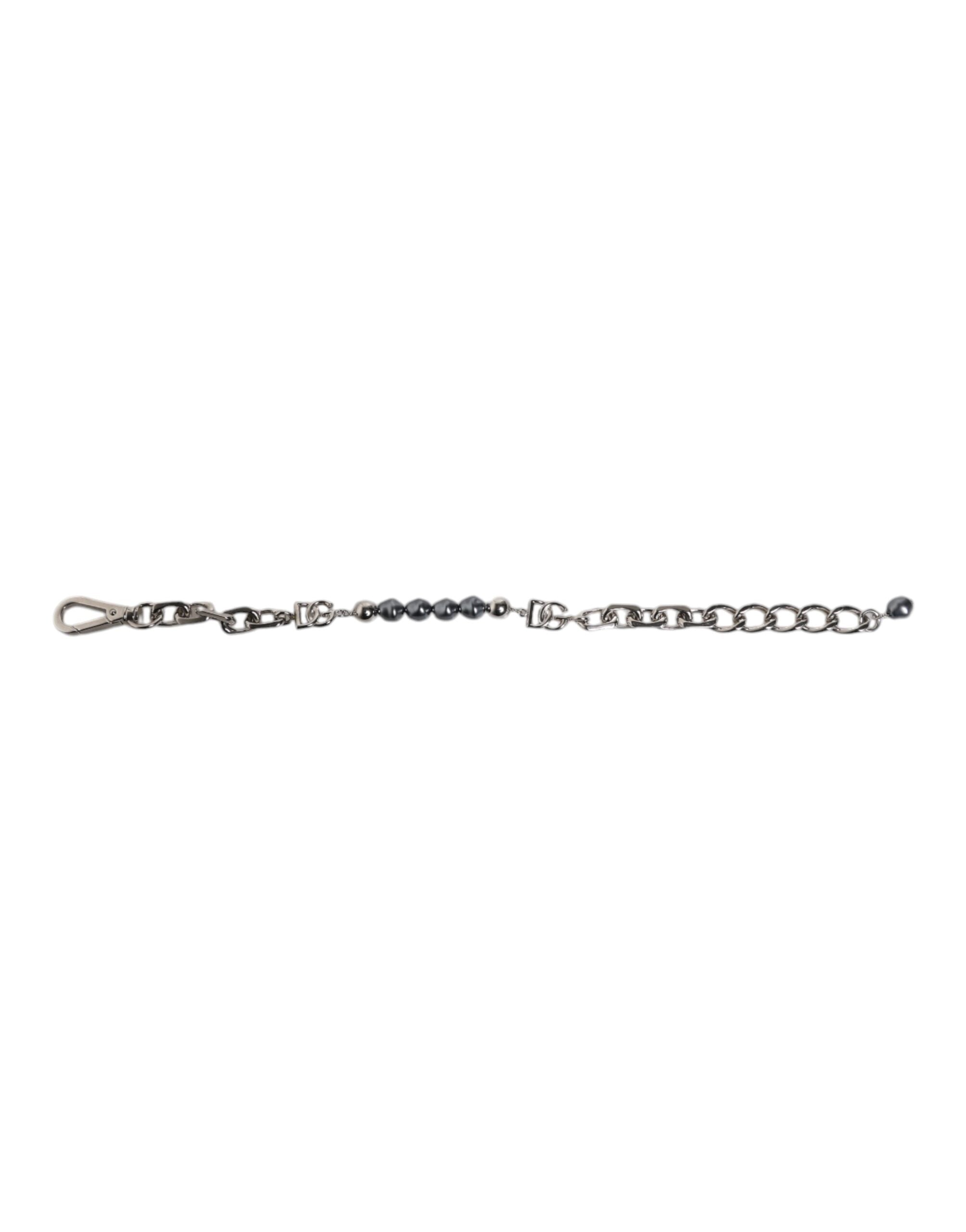 Bracciale Dolce & Gabbana con catena color argento, chiusura a moschettone, logo e perle grigie