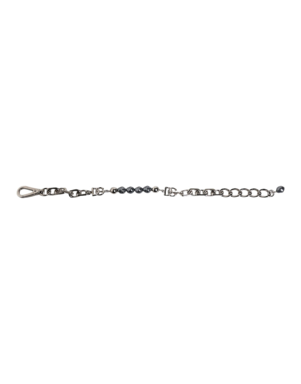 Bracciale Dolce & Gabbana con catena color argento, chiusura a moschettone, logo e perle grigie