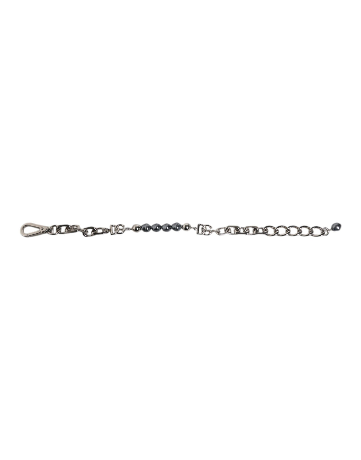 Bracciale Dolce & Gabbana con catena color argento, chiusura a moschettone, logo e perle grigie