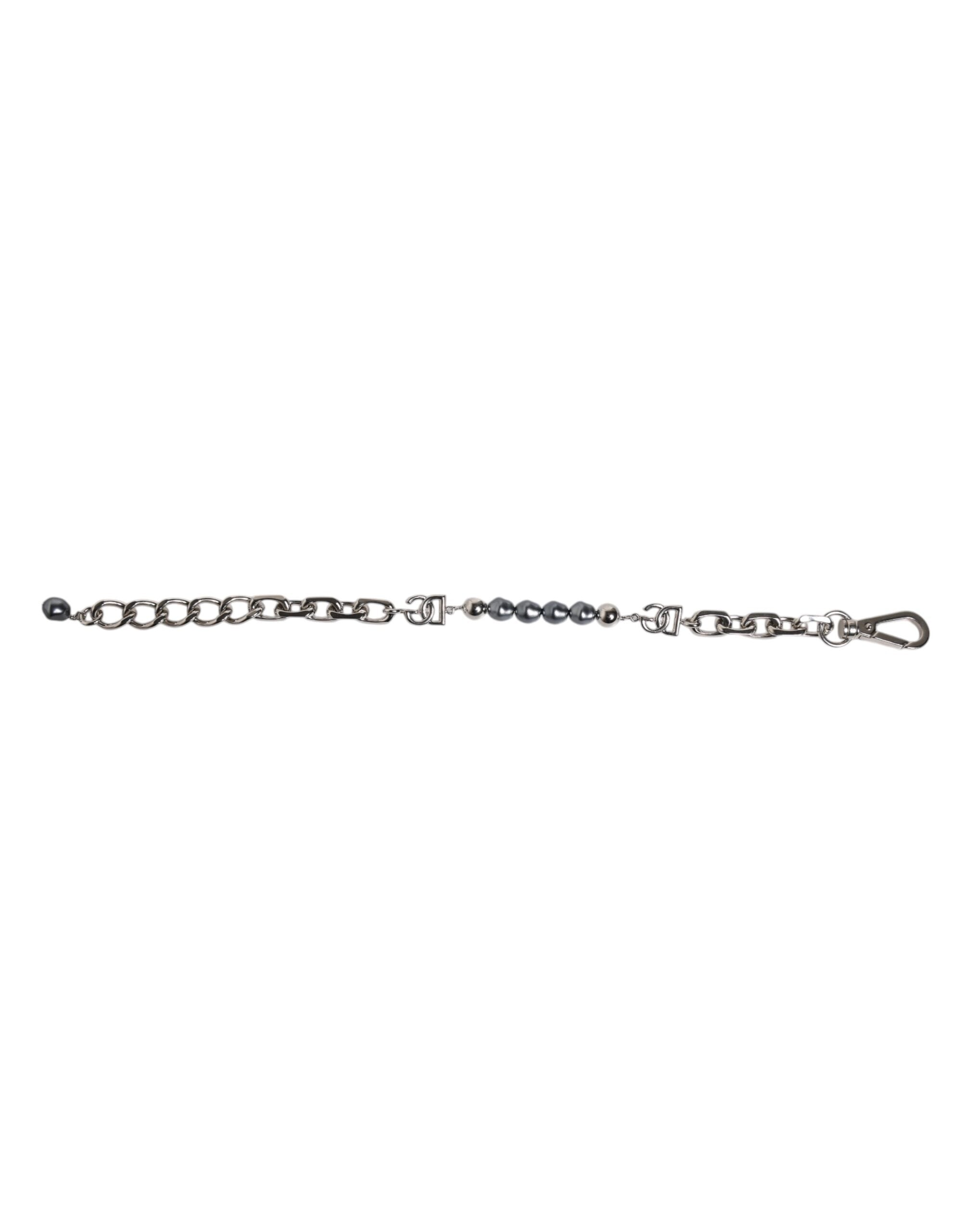 Bracciale Dolce & Gabbana con catena color argento, chiusura a moschettone, logo e perle grigie