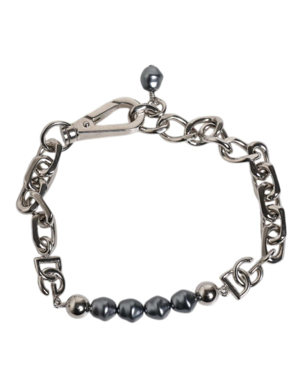 Bracciale Dolce & Gabbana con catena color argento, chiusura a moschettone, logo e perle grigie