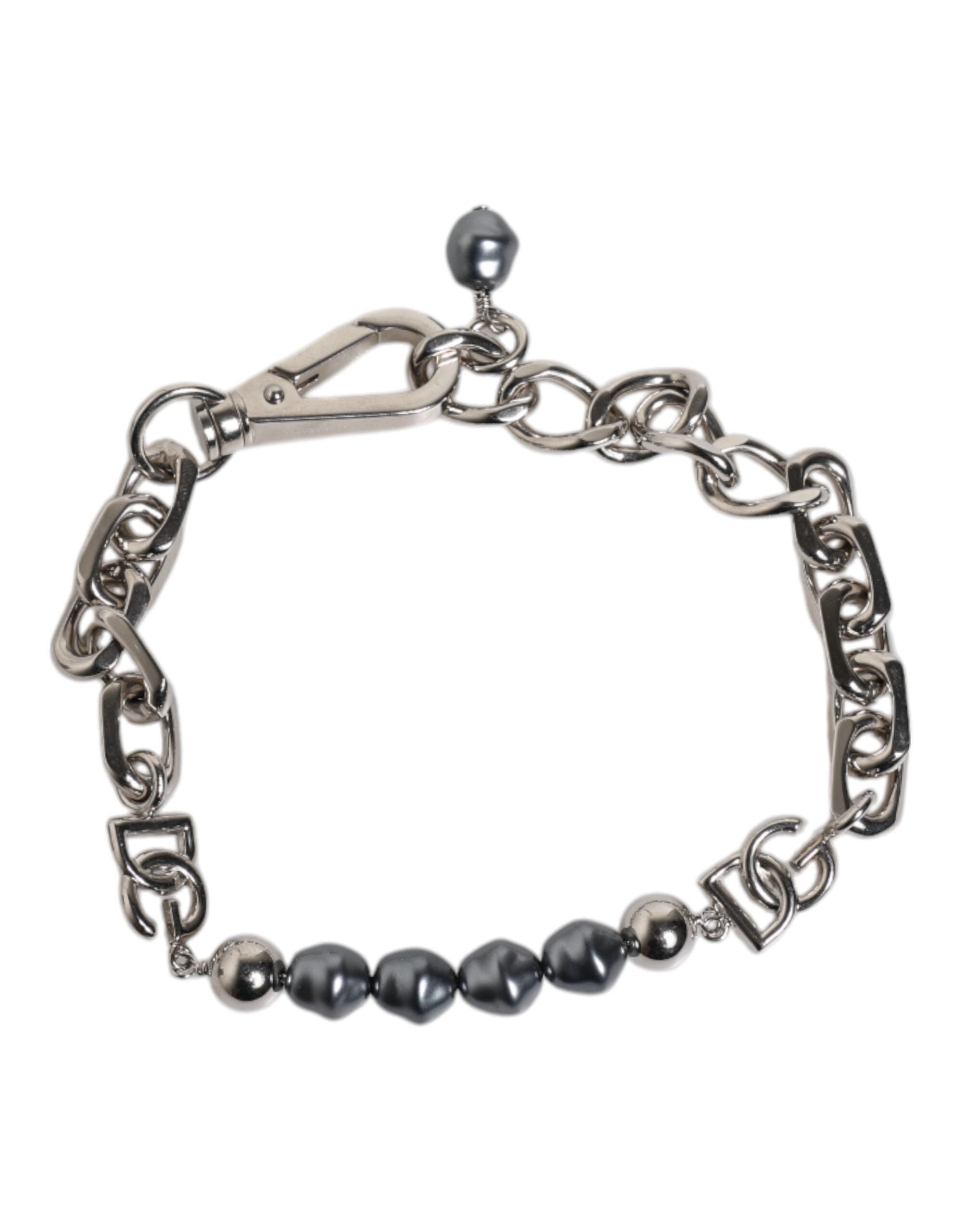 Bracciale Dolce & Gabbana con catena color argento, chiusura a moschettone, logo e perle grigie