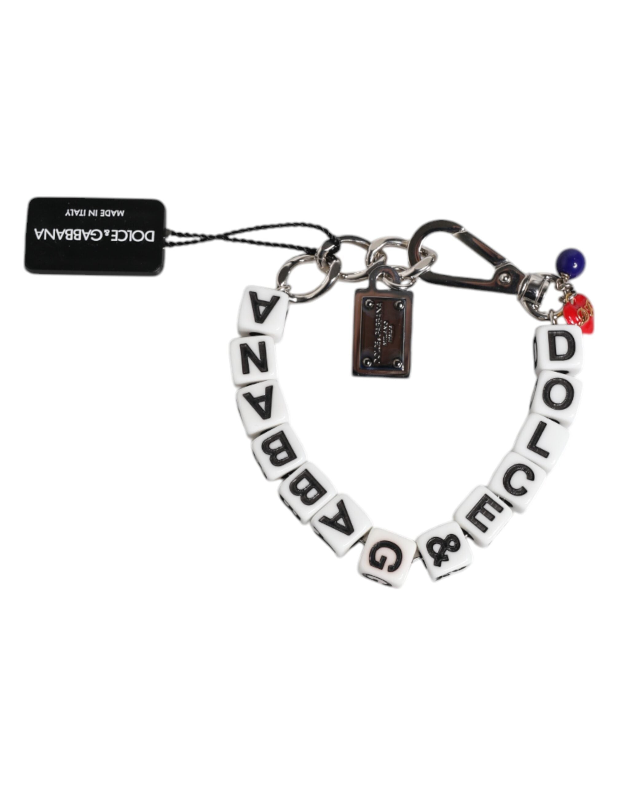 Bracciale Dolce & Gabbana con ciondolo a forma di dado in ottone color argento e logo