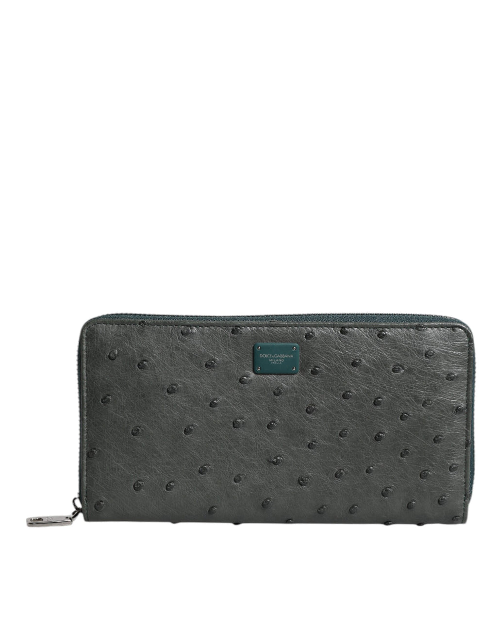 Portafoglio continentale Dolce & Gabbana verde in struzzo con placca logo e cerniera perimetrale