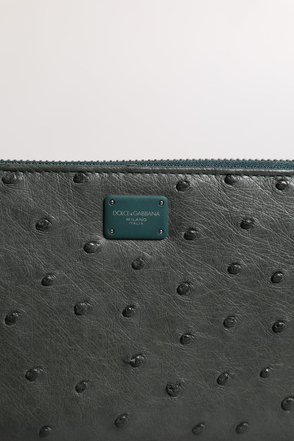 Portafoglio continentale Dolce & Gabbana verde in struzzo con placca logo e cerniera perimetrale
