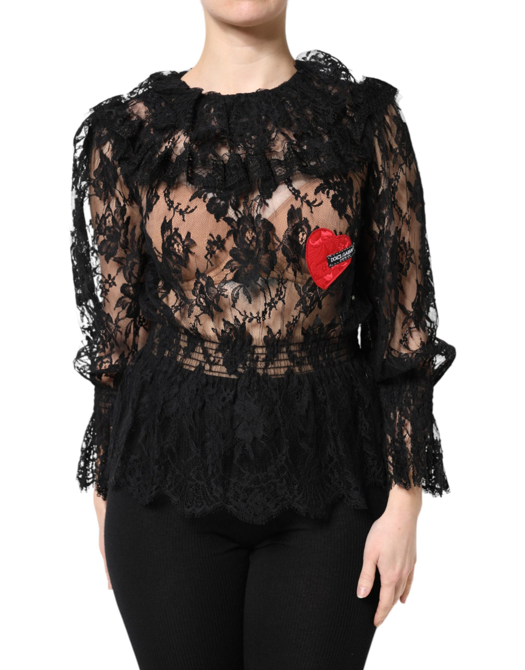 Dolce & Gabbana Blusa Top Donna in Pizzo Floreale di Cotone Nero
