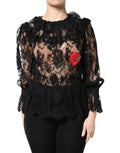 Dolce & Gabbana Blusa Top Donna in Pizzo Floreale di Cotone Nero