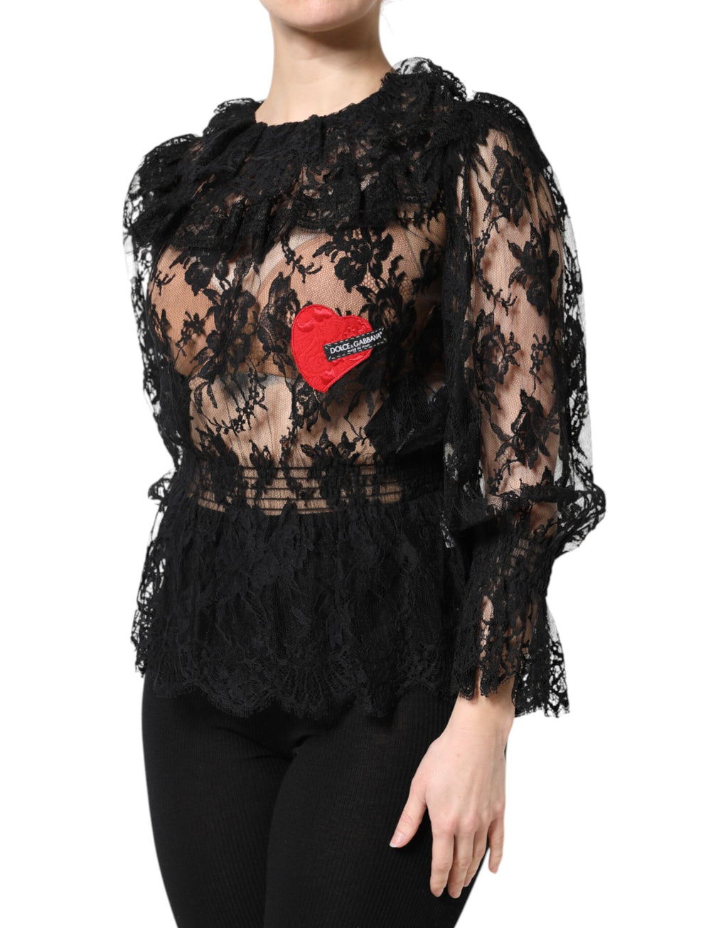 Dolce & Gabbana Blusa Top Donna in Pizzo Floreale di Cotone Nero