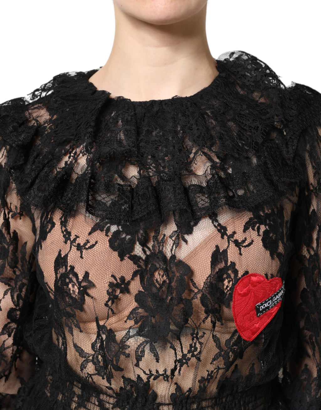 Dolce & Gabbana Blusa Top Donna in Pizzo Floreale di Cotone Nero