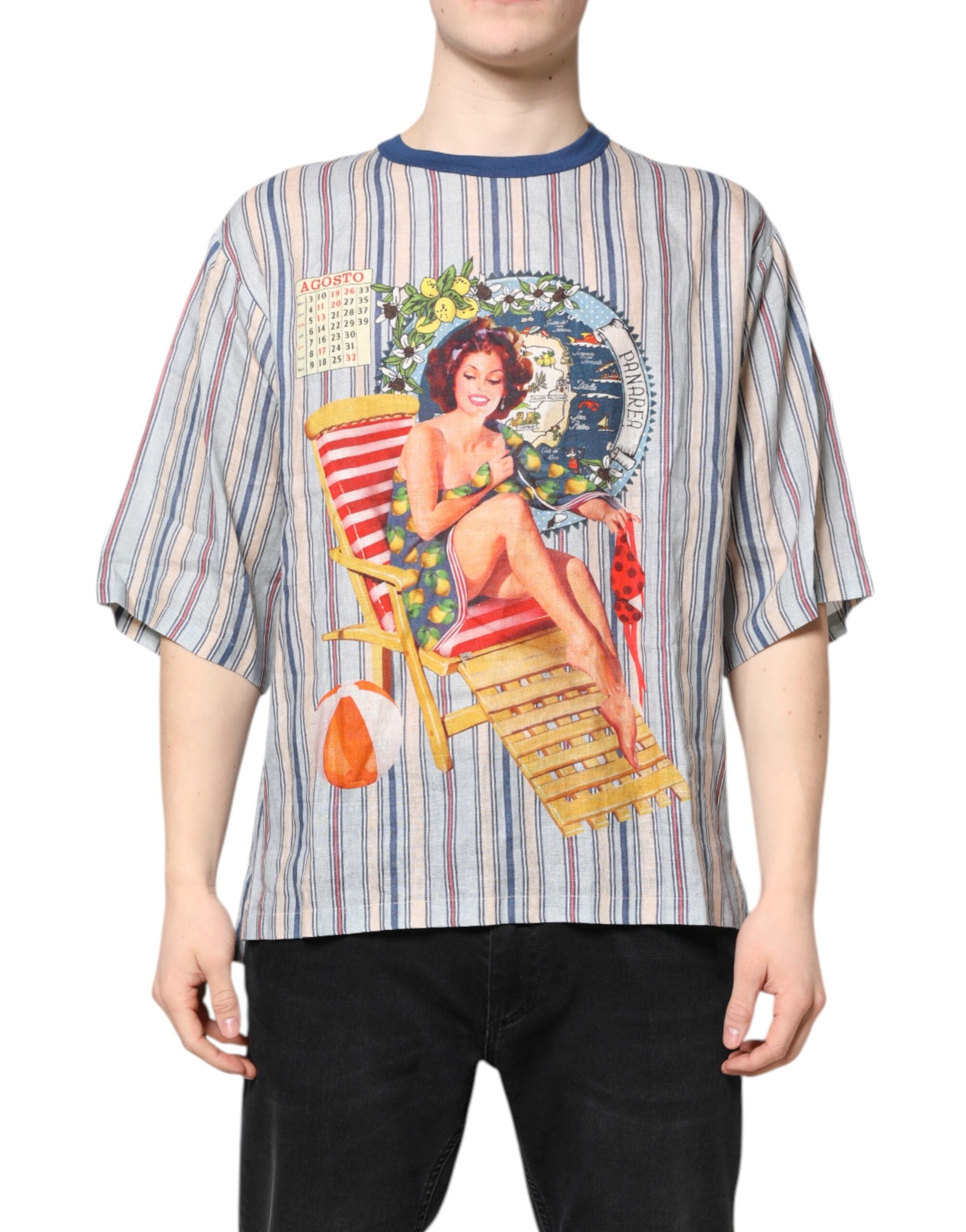 T-Shirt Girocollo Pin Up a Righe Multicolore in Lino Dolce & Gabbana