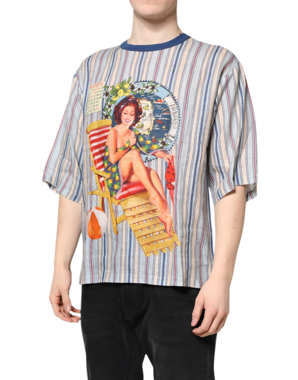 T-Shirt Girocollo Pin Up a Righe Multicolore in Lino Dolce & Gabbana