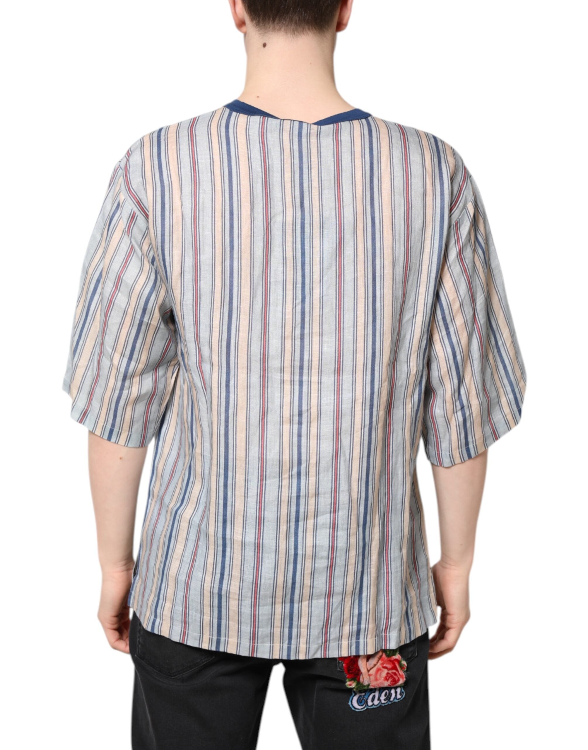 T-Shirt Girocollo Pin Up a Righe Multicolore in Lino Dolce & Gabbana