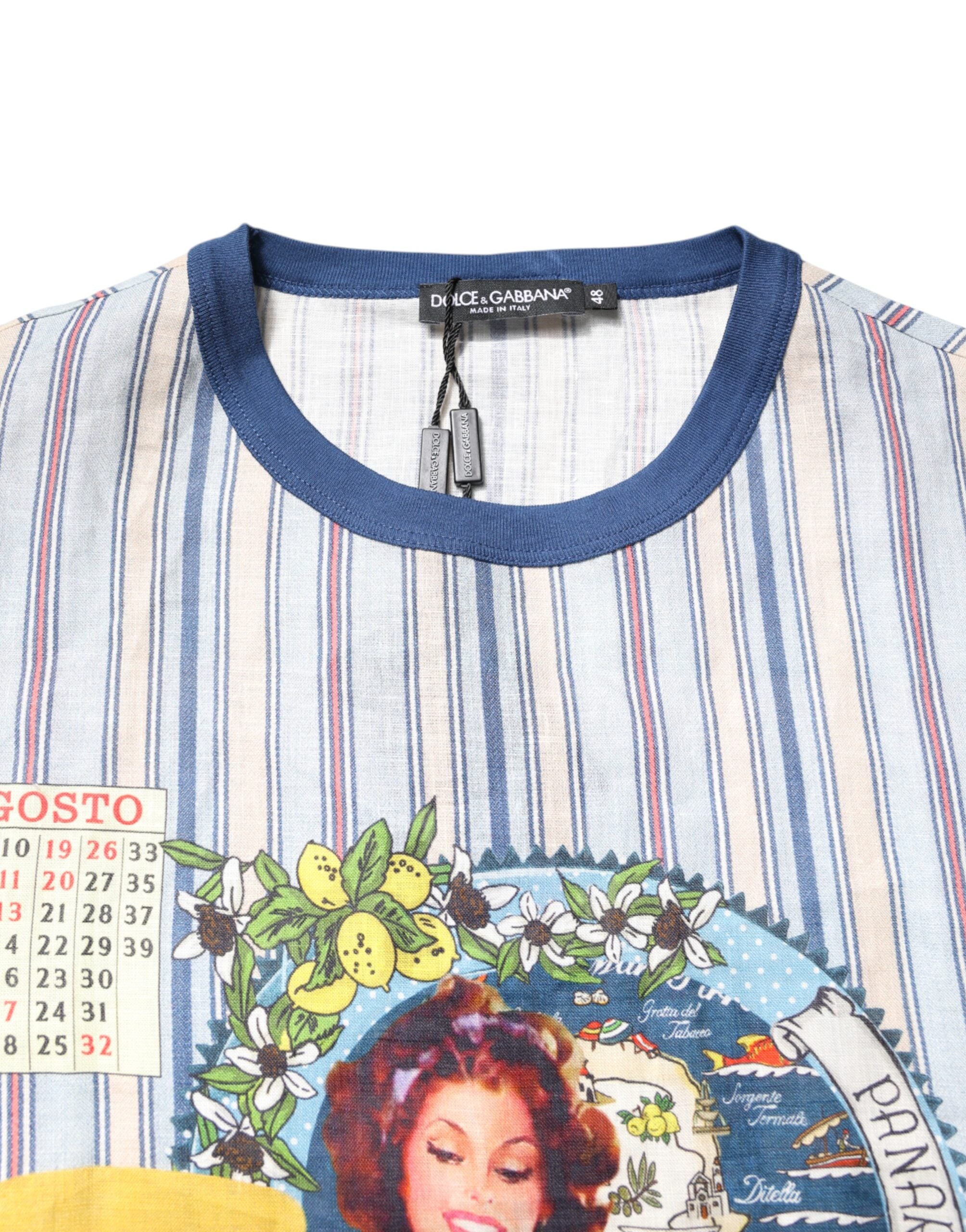 T-Shirt Girocollo Pin Up a Righe Multicolore in Lino Dolce & Gabbana