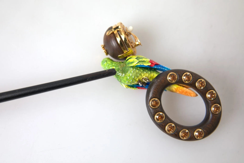 Orecchini Dolce & Gabbana multicolore con pappagallo in legno, ottone e cristalli