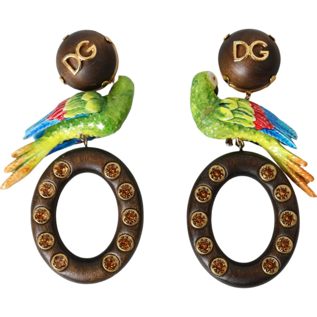 Orecchini Dolce & Gabbana multicolore con pappagallo in legno, ottone e cristalli