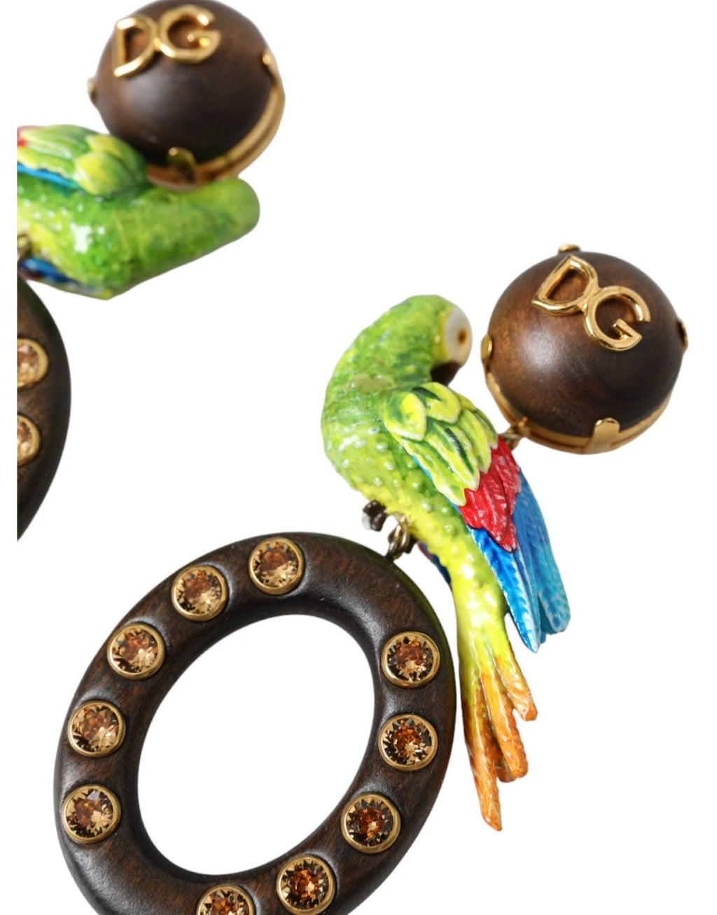 Orecchini Dolce & Gabbana multicolore con pappagallo in legno, ottone e cristalli