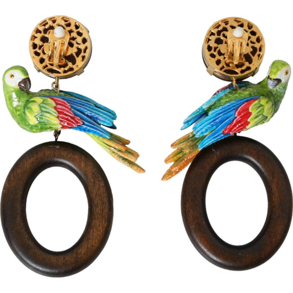 Orecchini Dolce & Gabbana multicolore con pappagallo in legno, ottone e cristalli