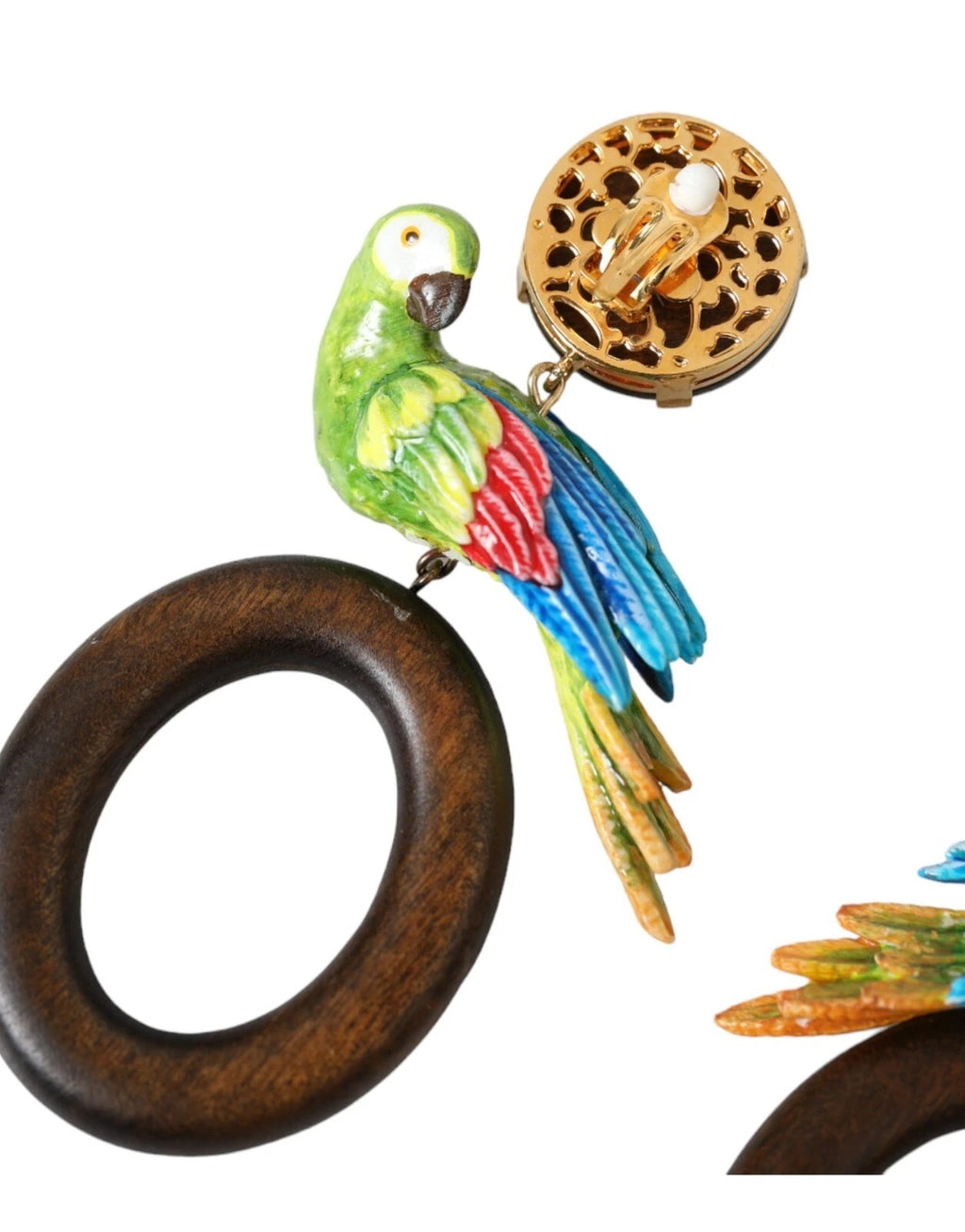 Orecchini Dolce & Gabbana multicolore con pappagallo in legno, ottone e cristalli