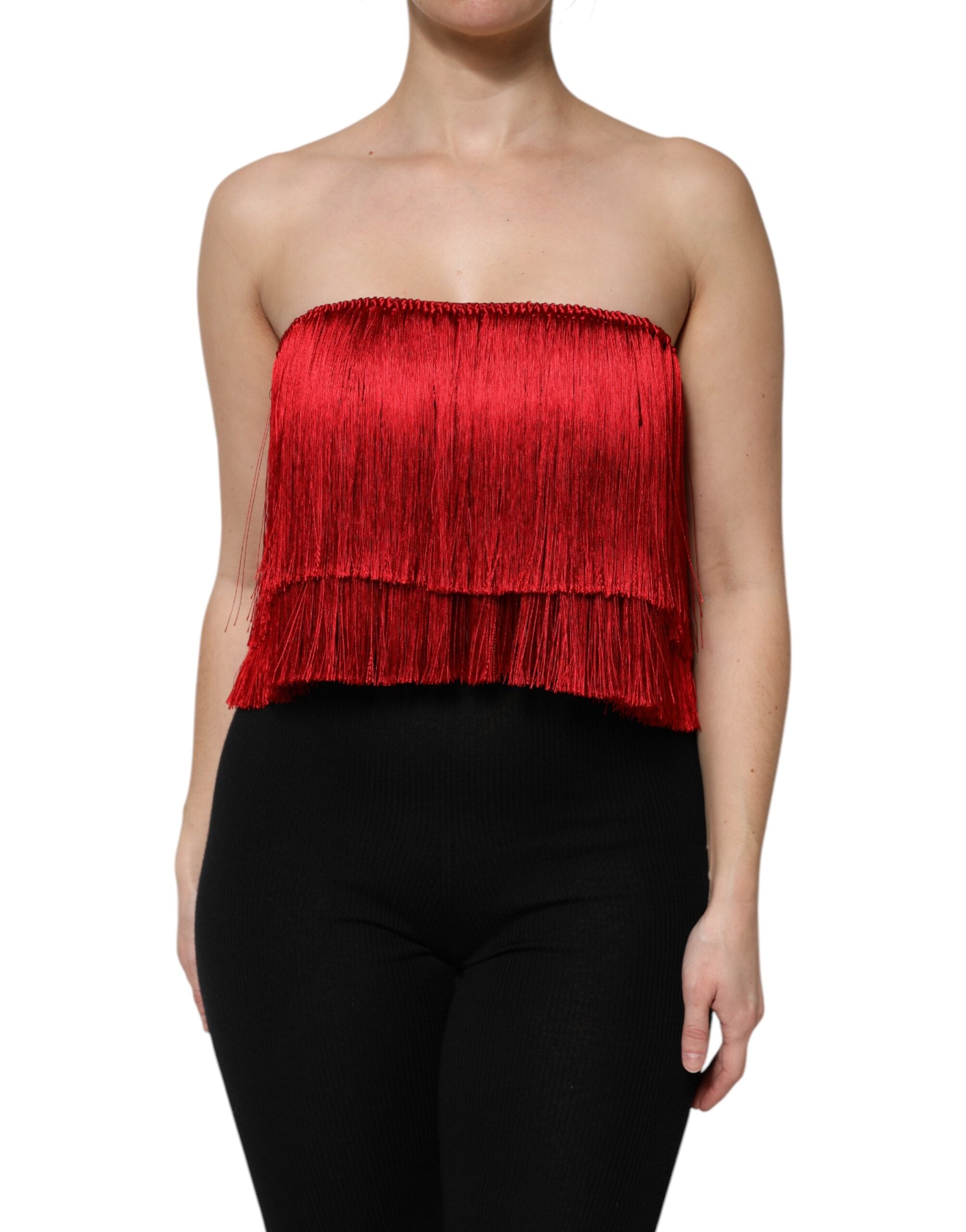 Dolce & Gabbana Top a tubo corto con frange in seta rossa senza spalline