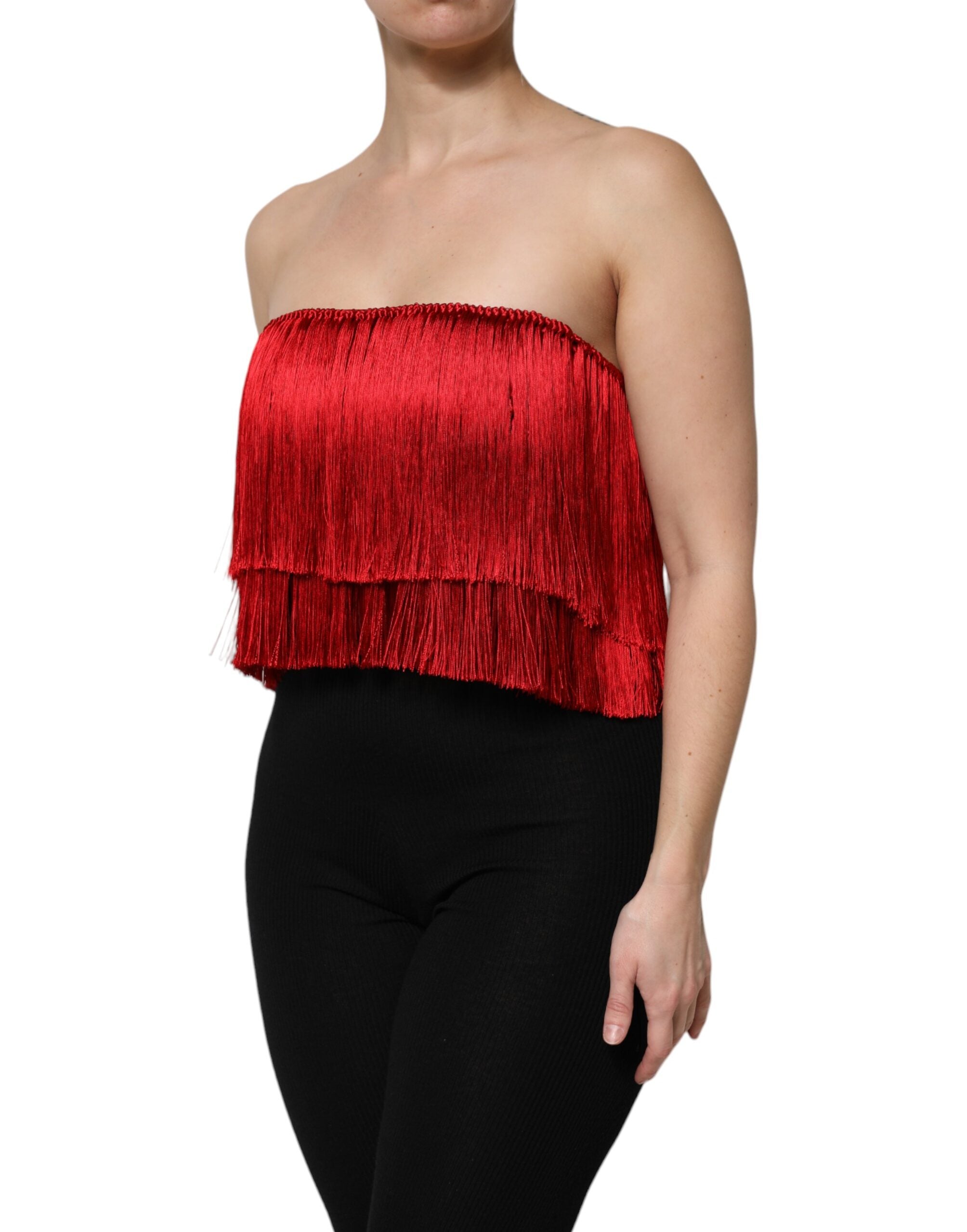 Dolce & Gabbana Top a tubo corto con frange in seta rossa senza spalline