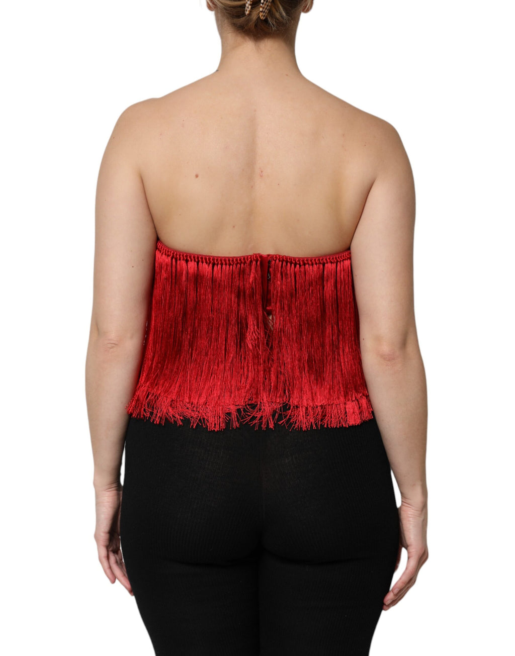 Dolce & Gabbana Top a tubo corto con frange in seta rossa senza spalline