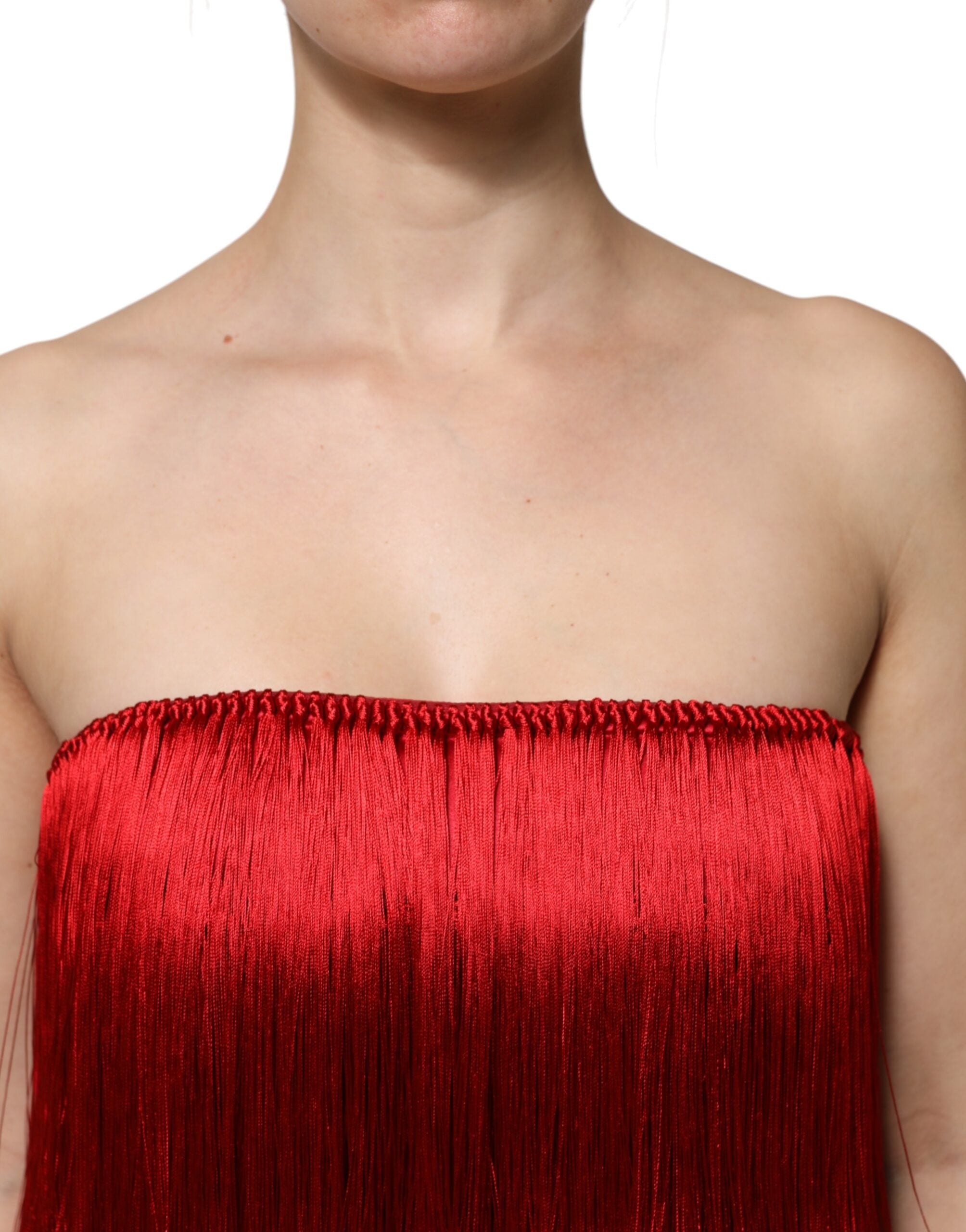 Dolce & Gabbana Top a tubo corto con frange in seta rossa senza spalline