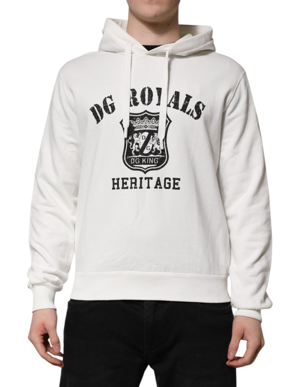 Dolce & Gabbana Maglione con cappuccio in cotone bianco con stampa DG ROYAL