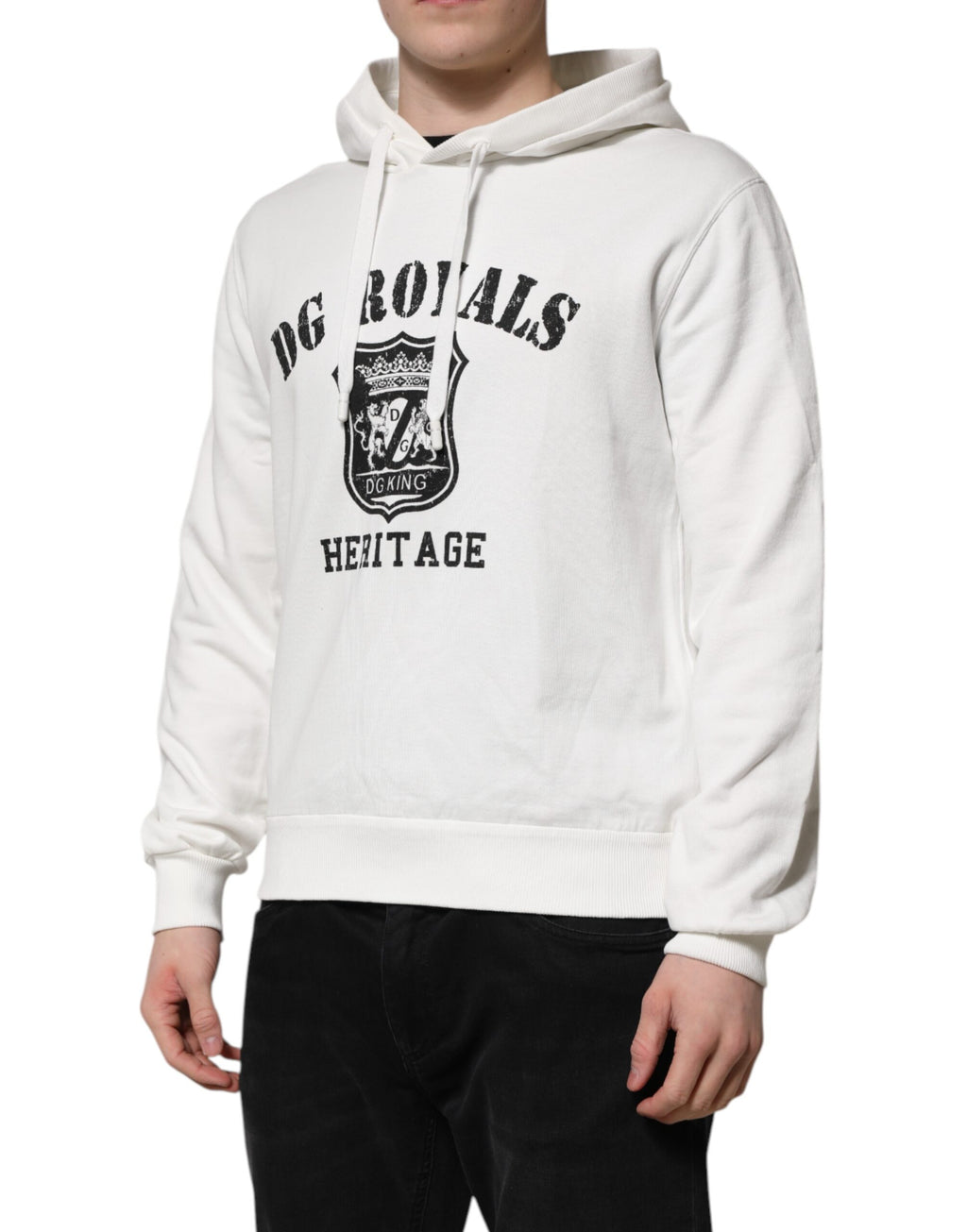 Dolce & Gabbana Maglione con cappuccio in cotone bianco con stampa DG ROYAL