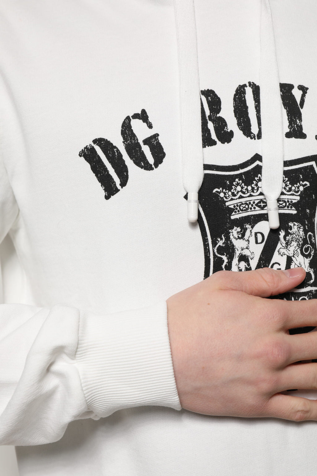 Dolce & Gabbana Maglione con cappuccio in cotone bianco con stampa DG ROYAL