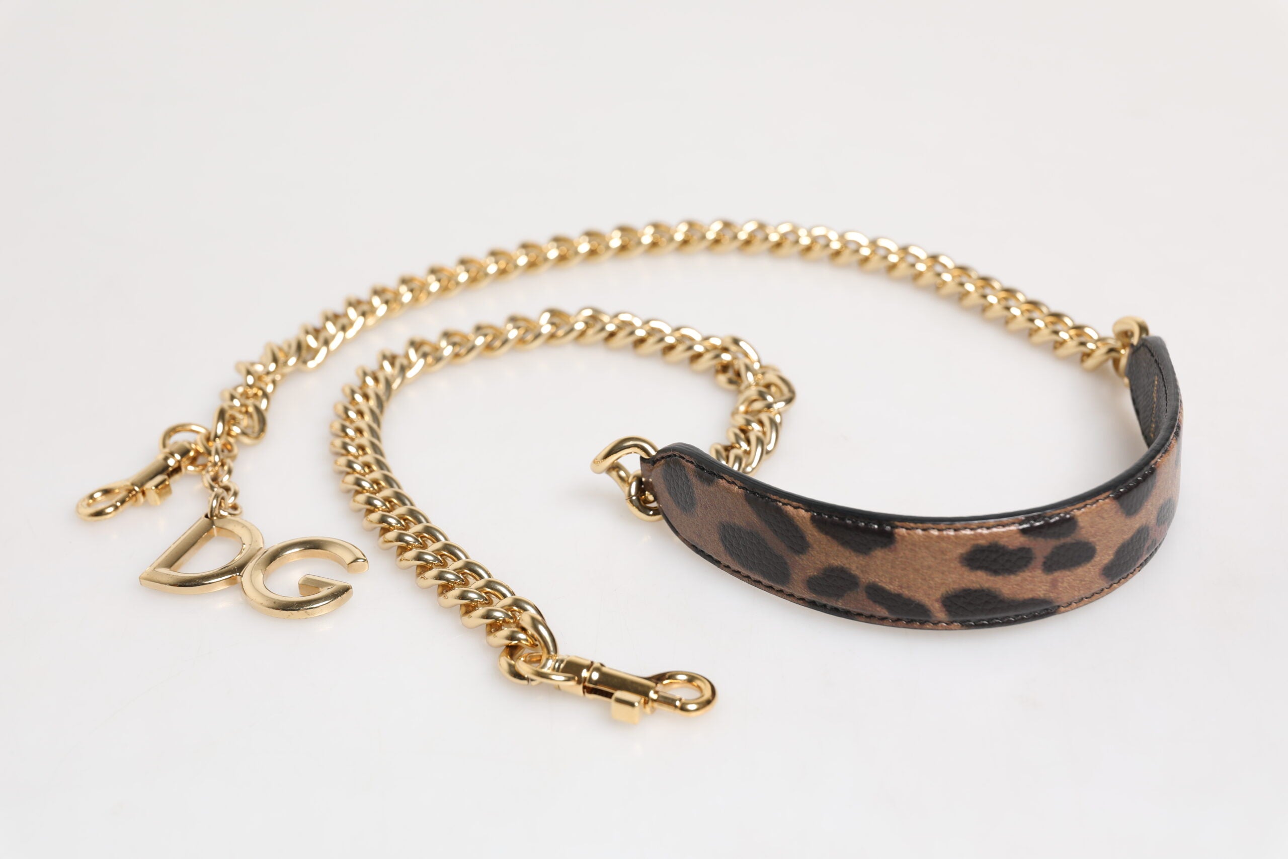Dolce & Gabbana Tracolla Accessoria con Catena in Ottone Dorato con Stampa Leopardo Marrone