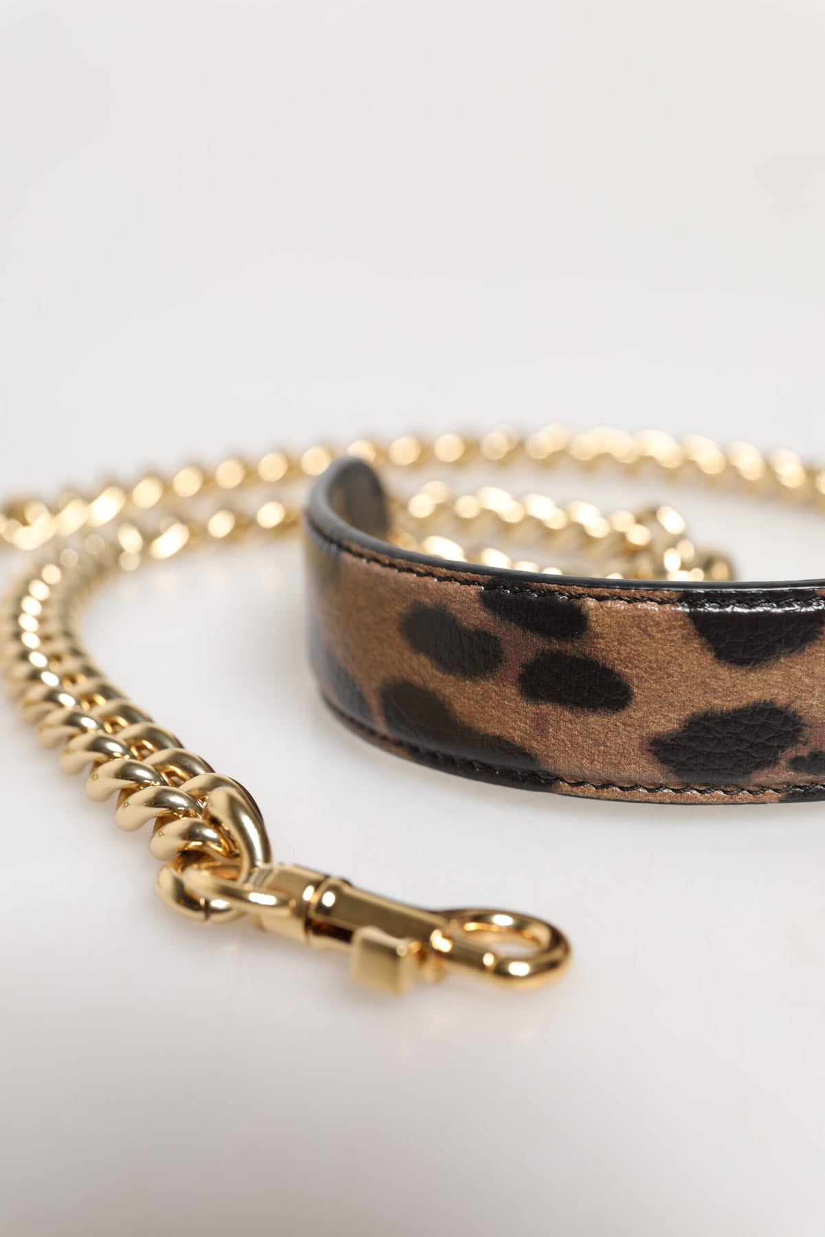 Dolce & Gabbana Tracolla Accessoria con Catena in Ottone Dorato con Stampa Leopardo Marrone