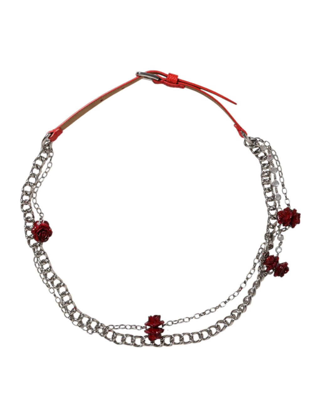 Dolce & Gabbana Red Leather Silver Chain Floral Cintura
