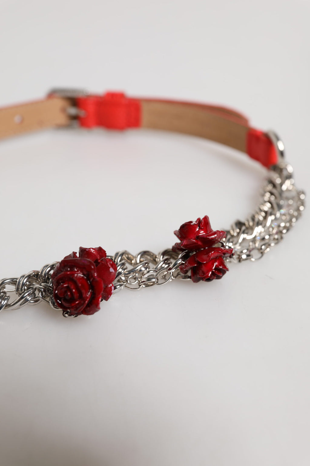 Dolce & Gabbana Red Leather Silver Chain Floral Cintura