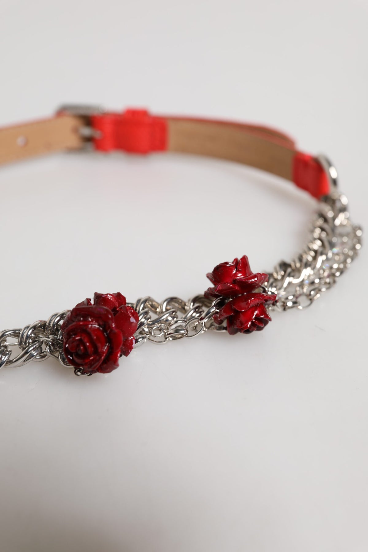 Dolce & Gabbana Red Leather Silver Chain Floral Cintura
