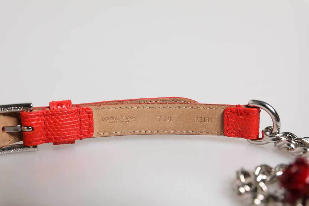 Dolce & Gabbana Red Leather Silver Chain Floral Cintura
