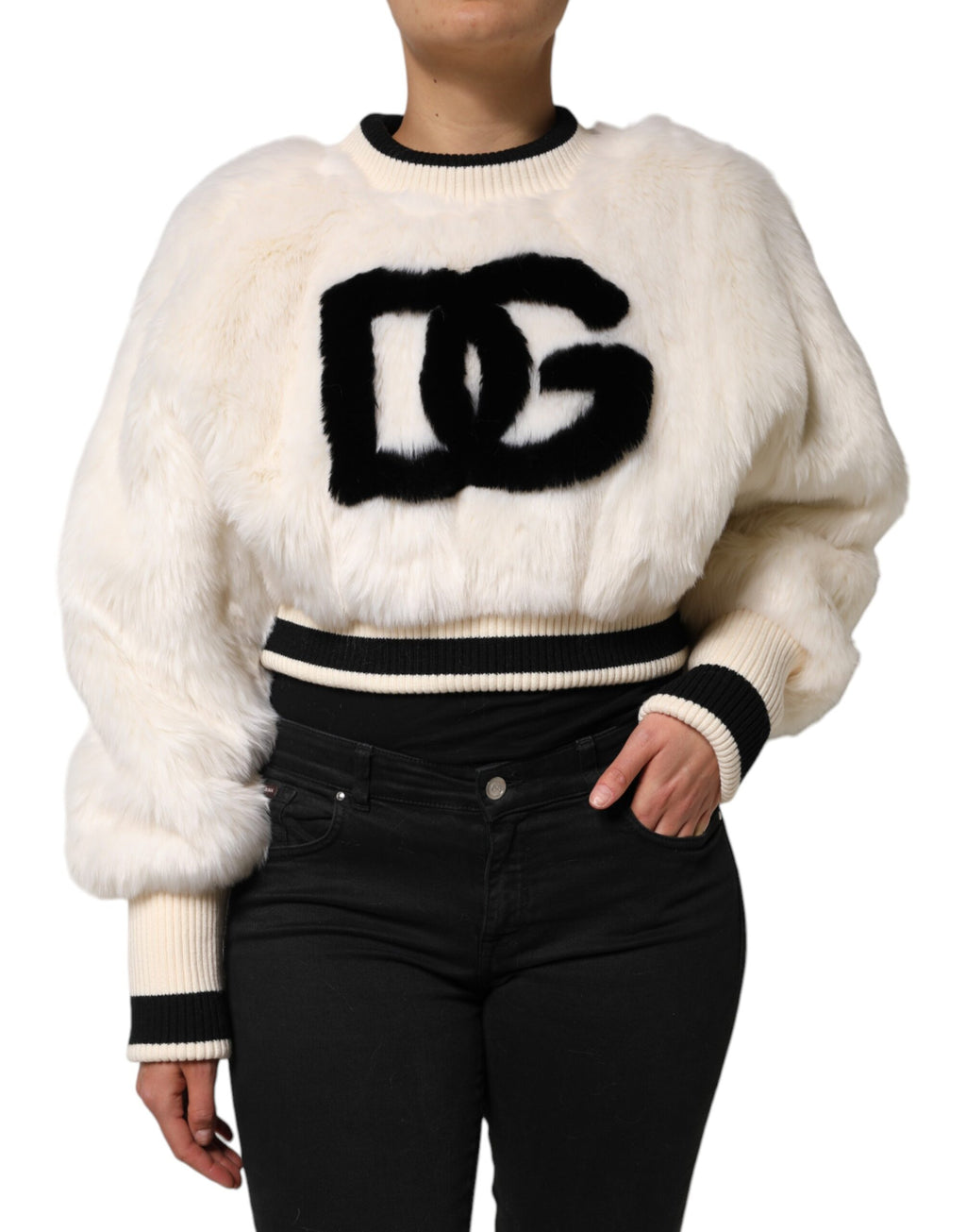 Felpa Dolce & Gabbana bianca cropped in pelliccia sintetica DG