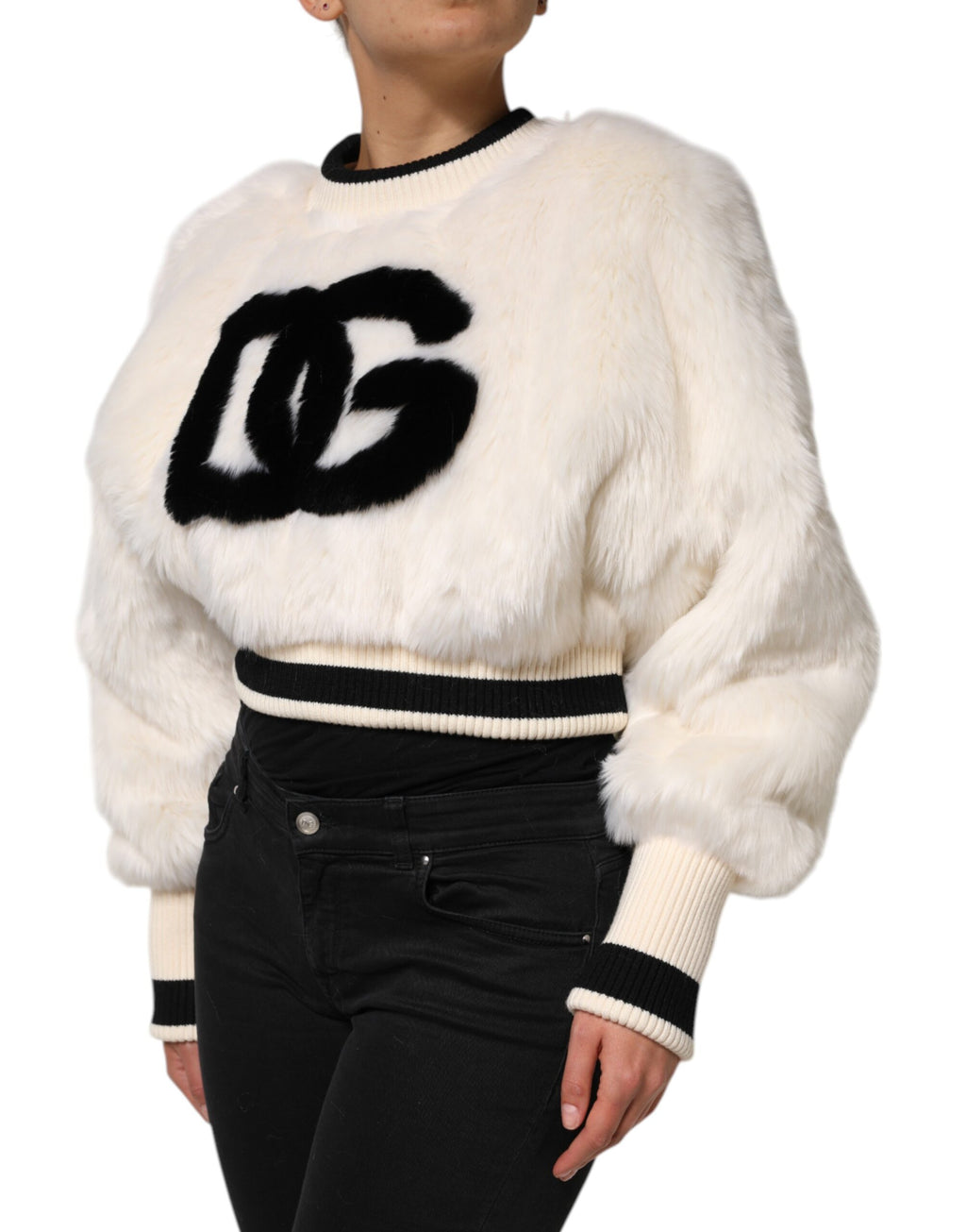 Felpa Dolce & Gabbana bianca cropped in pelliccia sintetica DG