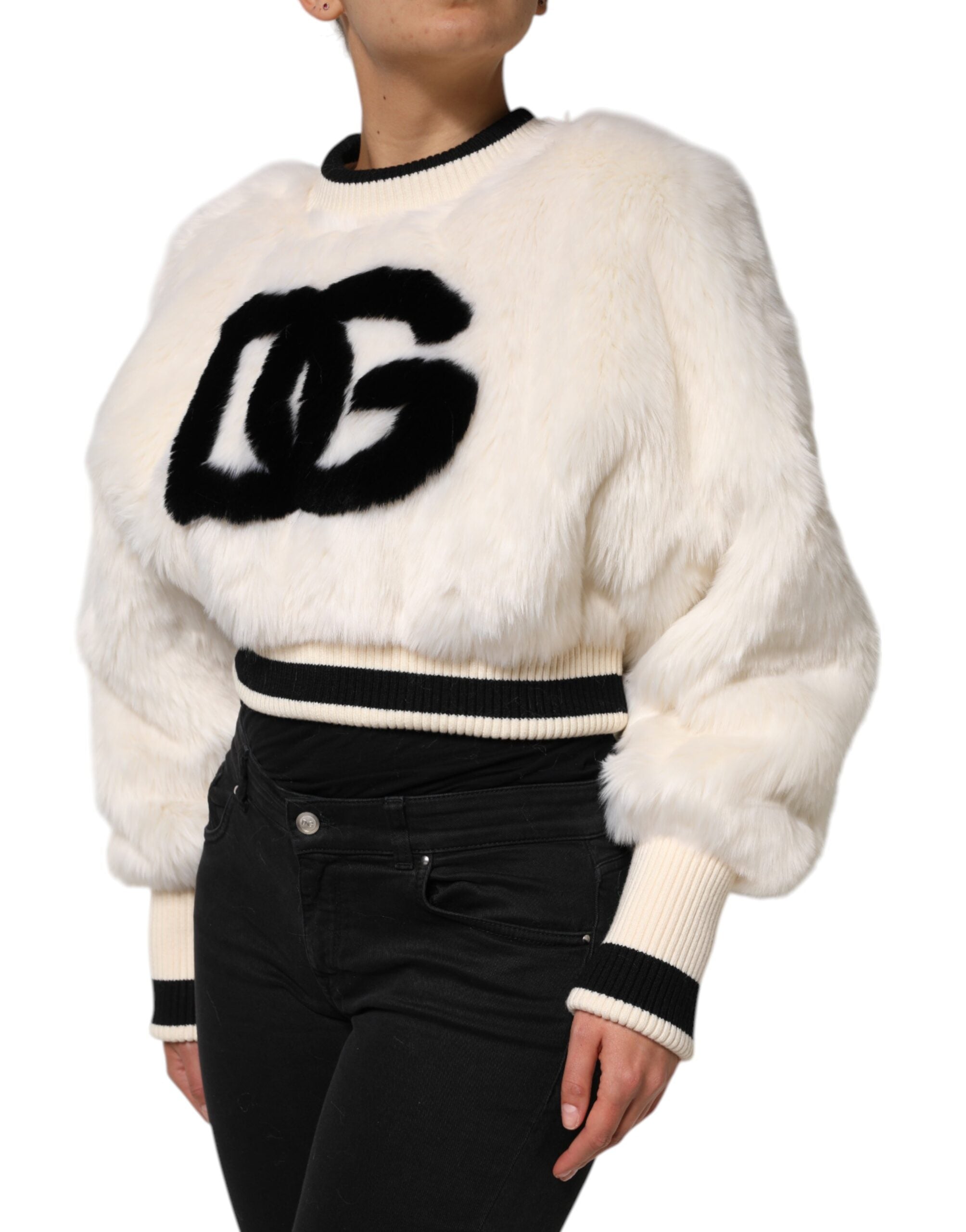Felpa Dolce & Gabbana bianca cropped in pelliccia sintetica DG