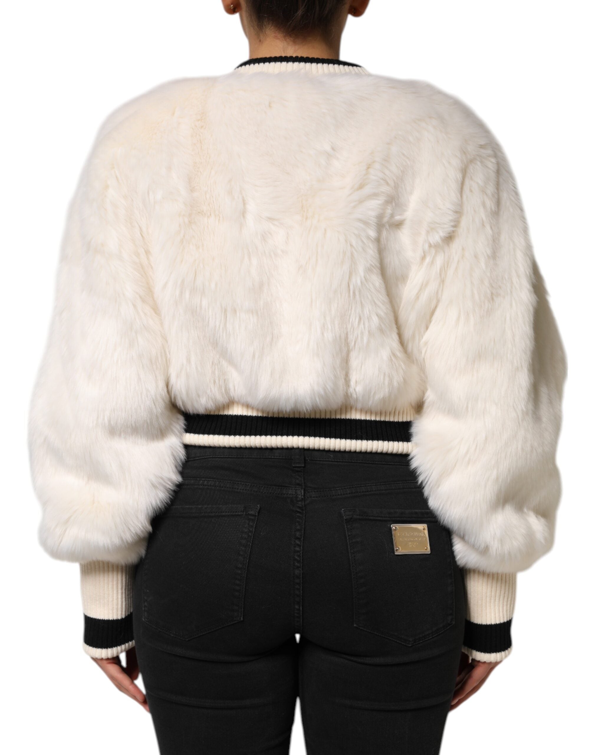 Felpa Dolce & Gabbana bianca cropped in pelliccia sintetica DG