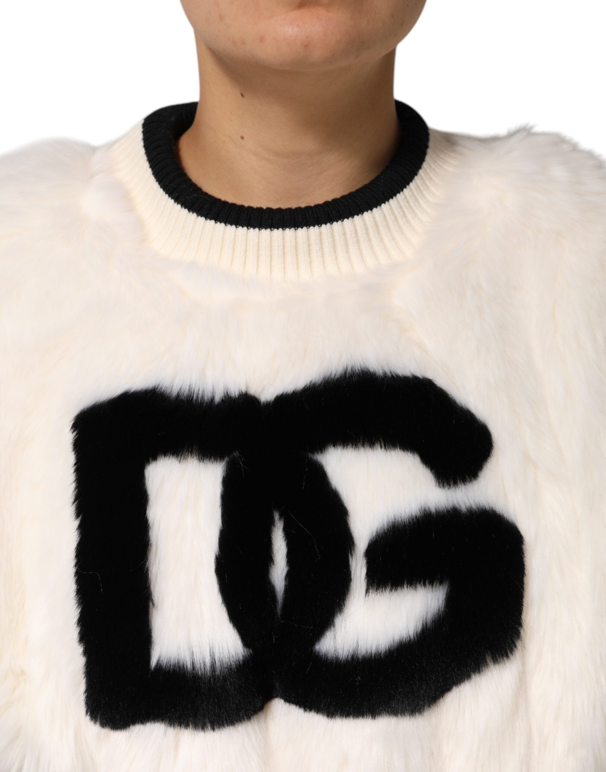Felpa Dolce & Gabbana bianca cropped in pelliccia sintetica DG
