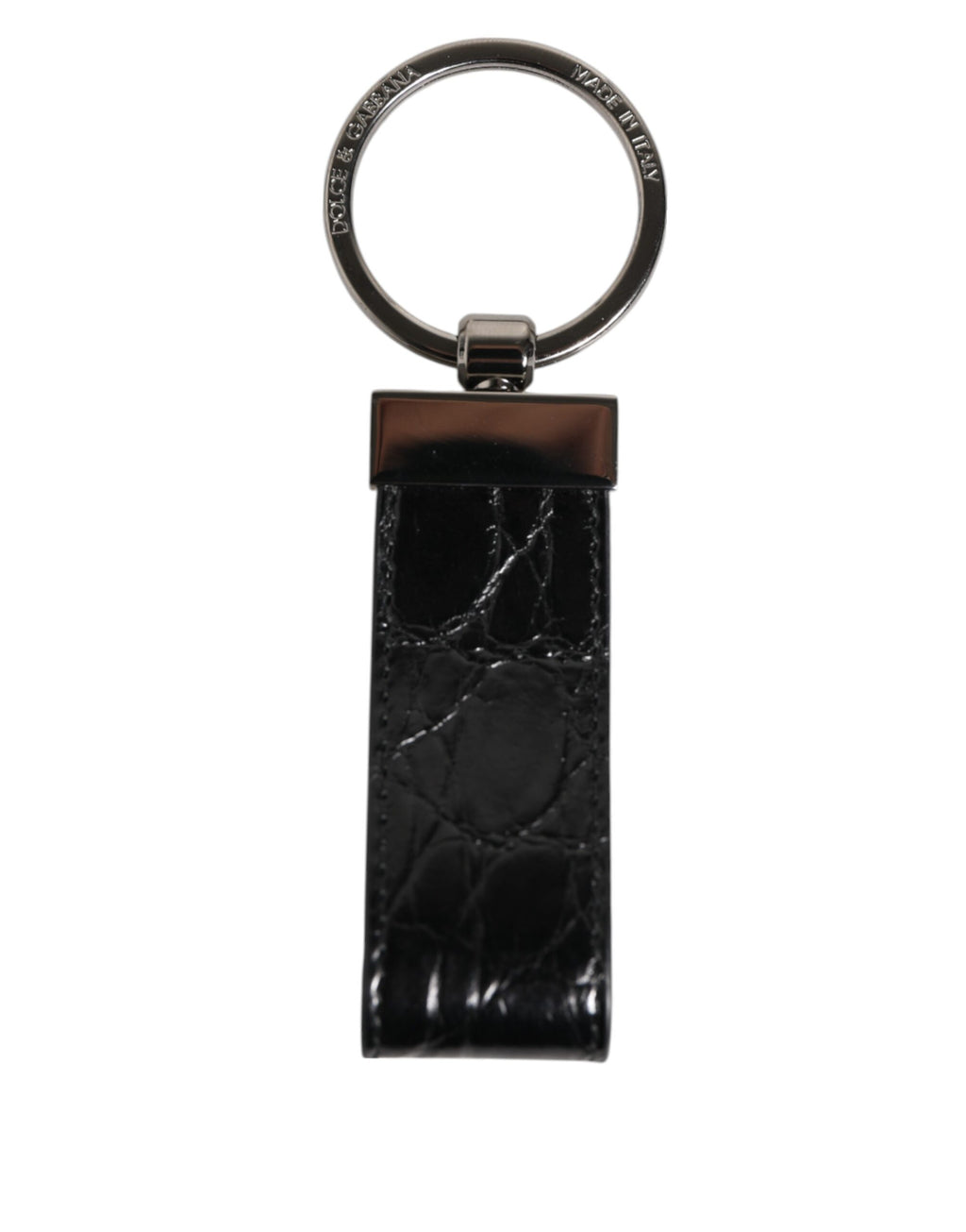 Dolce & Gabbana Portachiavi Uomo in Pelle Nera con Anello in Metallo Logato