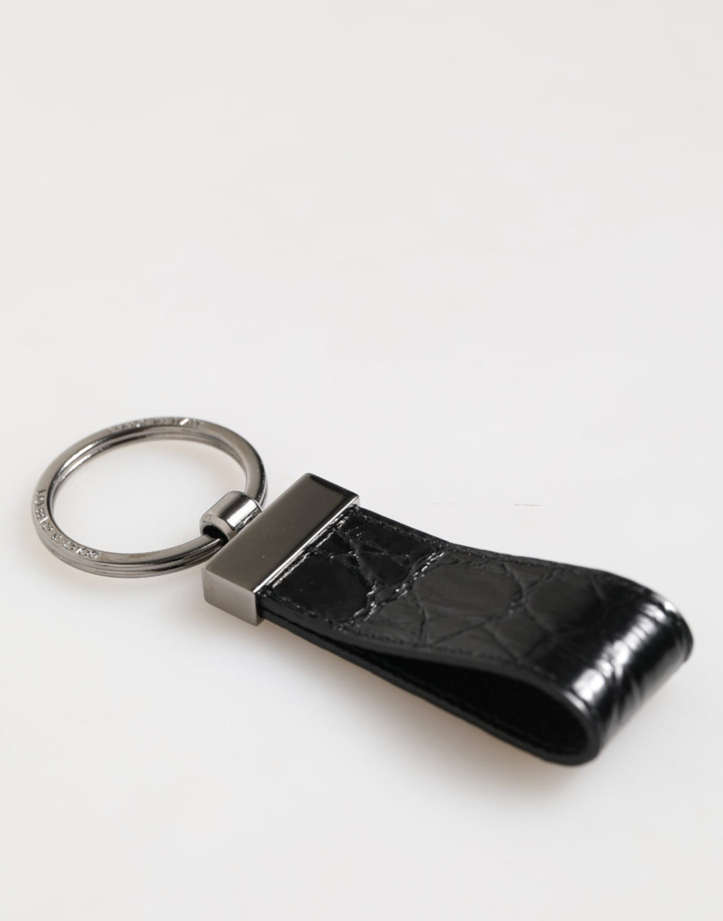 Dolce & Gabbana Portachiavi Uomo in Pelle Nera con Anello in Metallo Logato