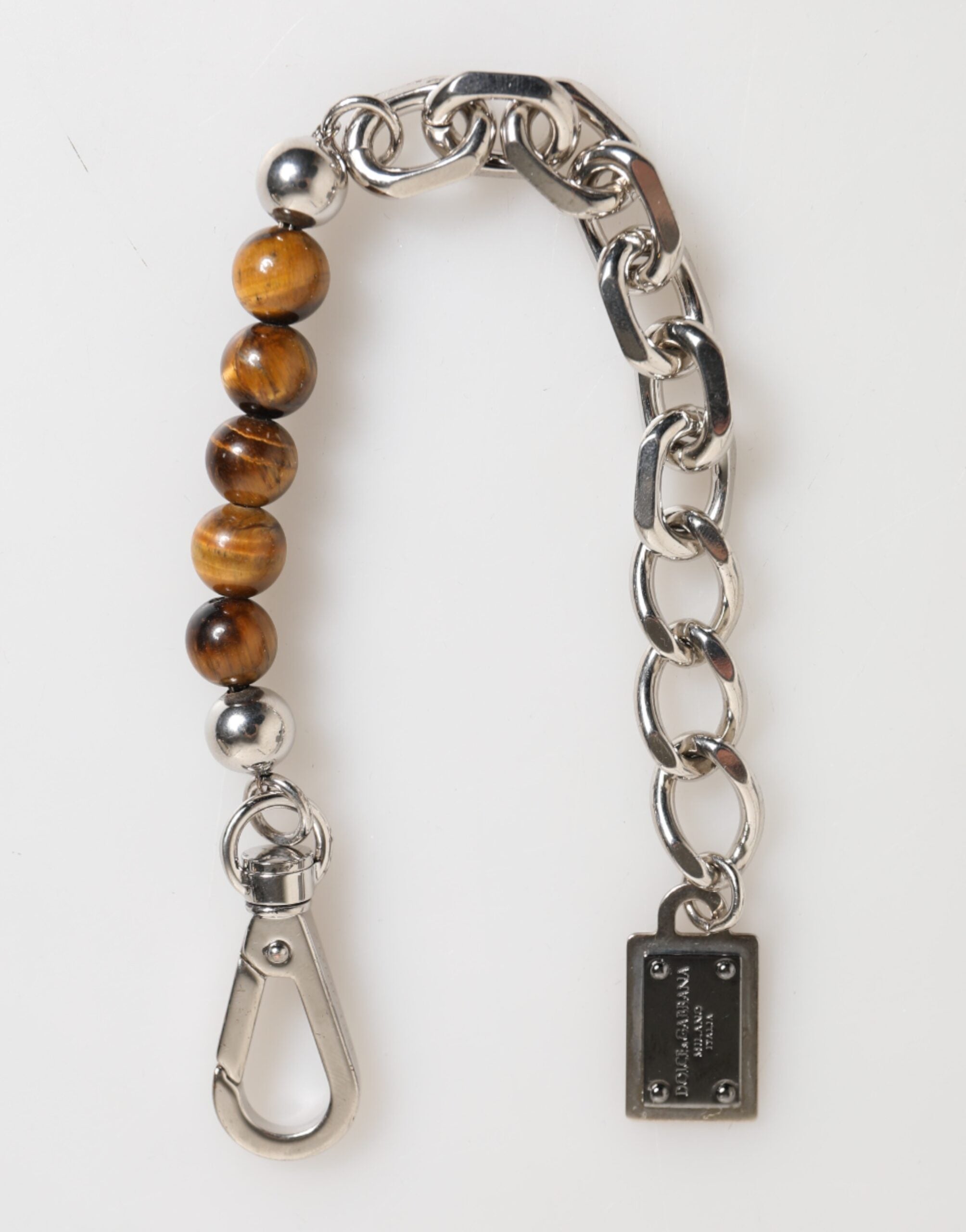 Bracciale da Uomo Dolce & Gabbana in Ottone con Catena Argentata, Perline e Chiusura a Moschettone con Logo
