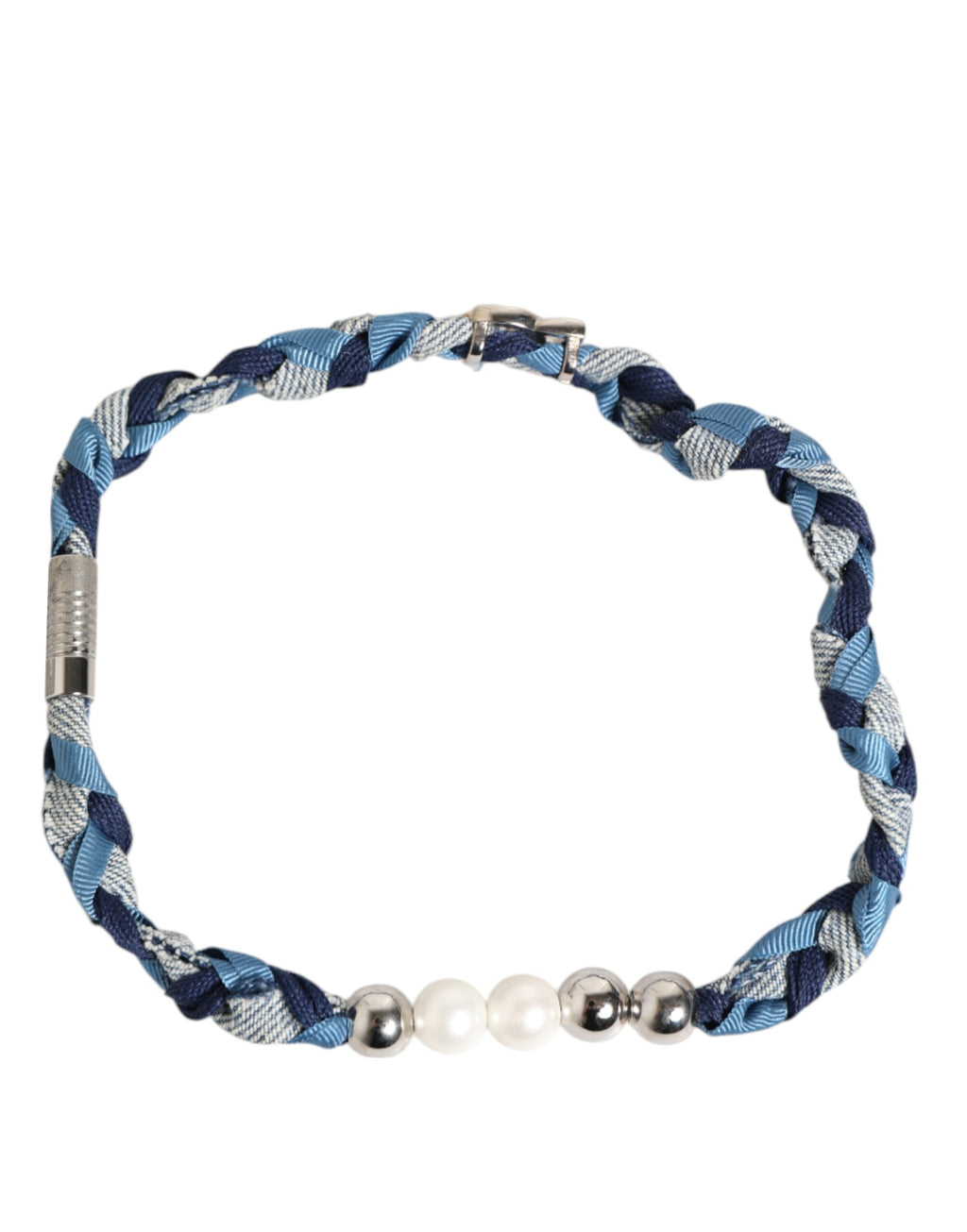 Bracciale da uomo Dolce & Gabbana blu e bianco in metallo argentato intrecciato con logo e perline